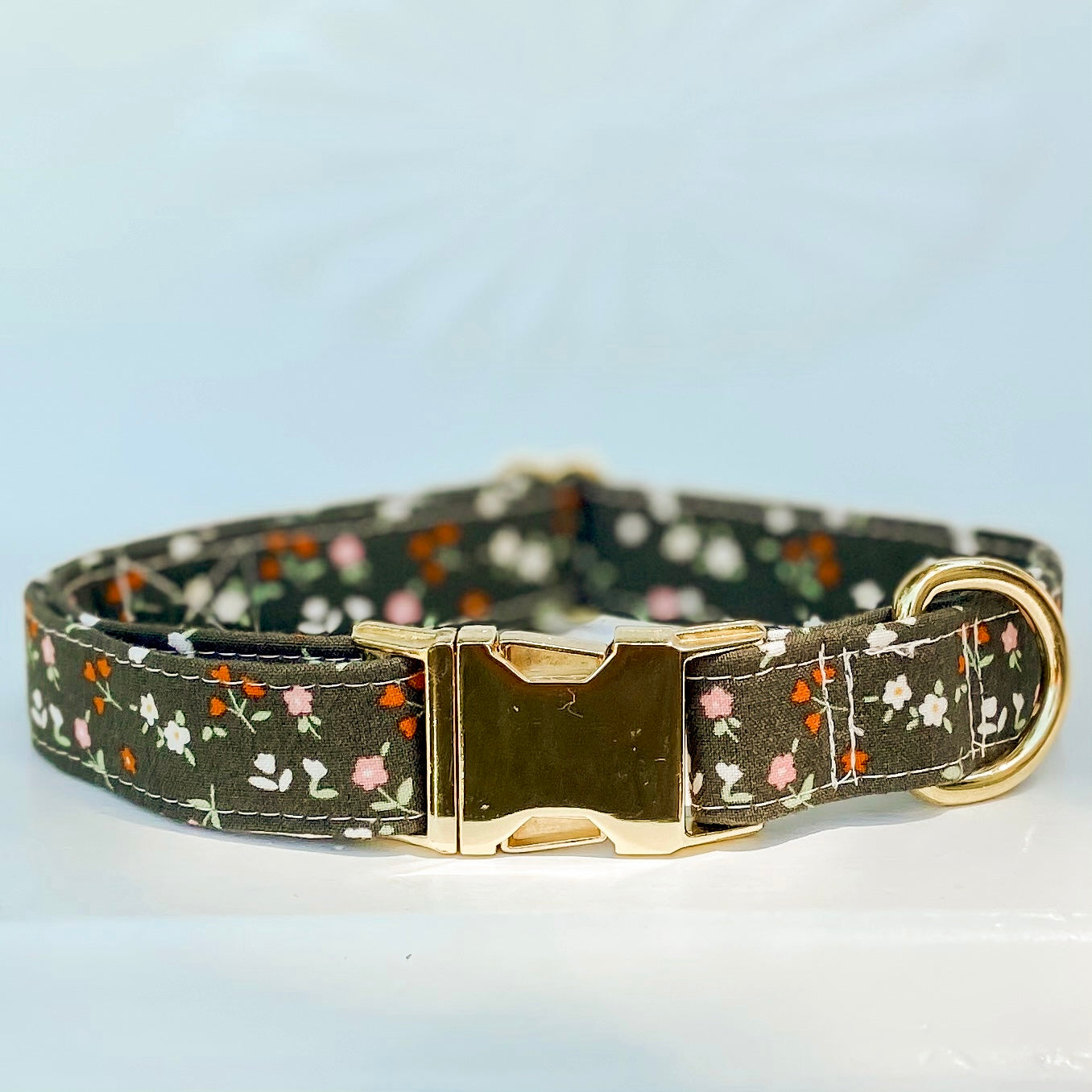 Handmade dog collar moss green and rust floral