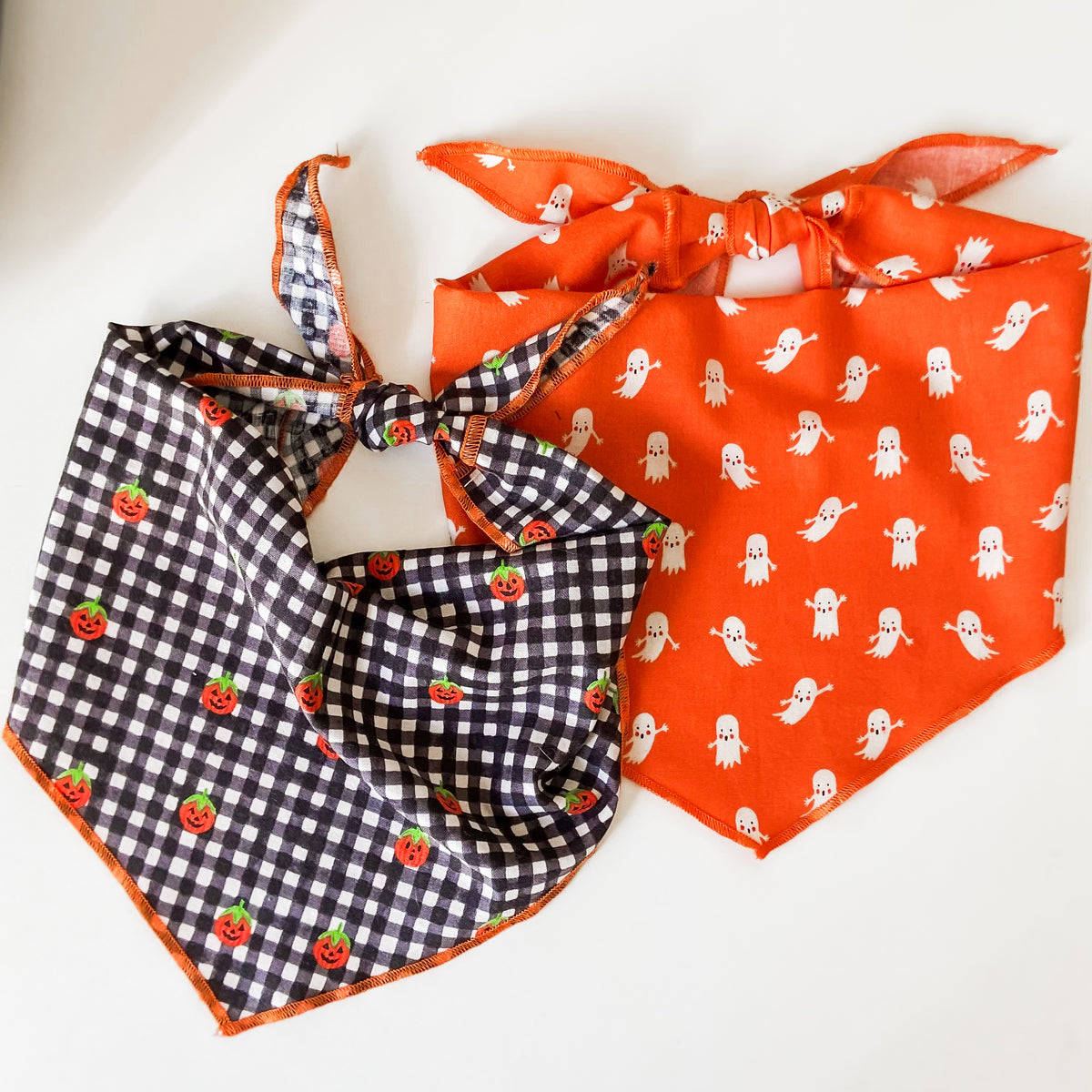 Jolly jack-o-lanterns plaid Halloween dog bandana with optional pompom trim