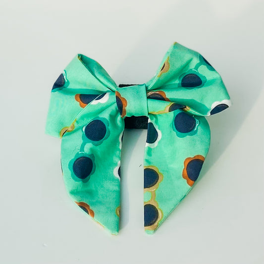 Retro floral sunnies on teal sailor dog bow