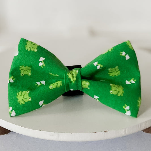 Ribbit Frog and Shrooms grassy green dog bow tie accessory