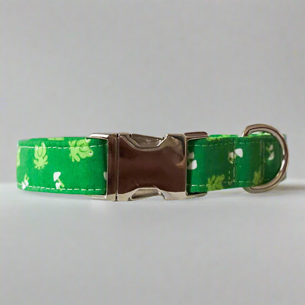 Dog collar Frogs and Shrooms in bright grassy green spring