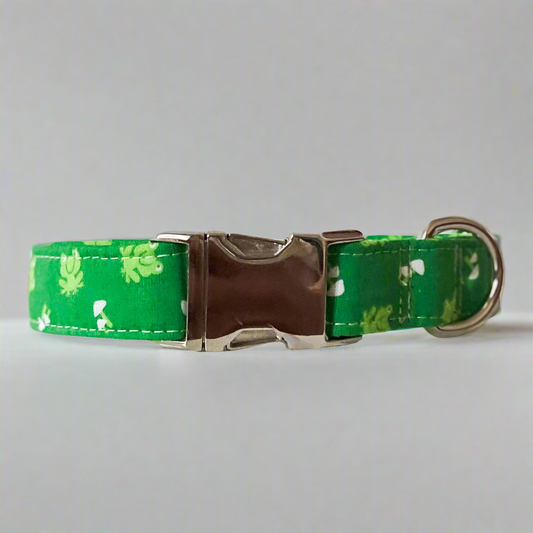 Dog collar Frogs and Shrooms in bright grassy green spring