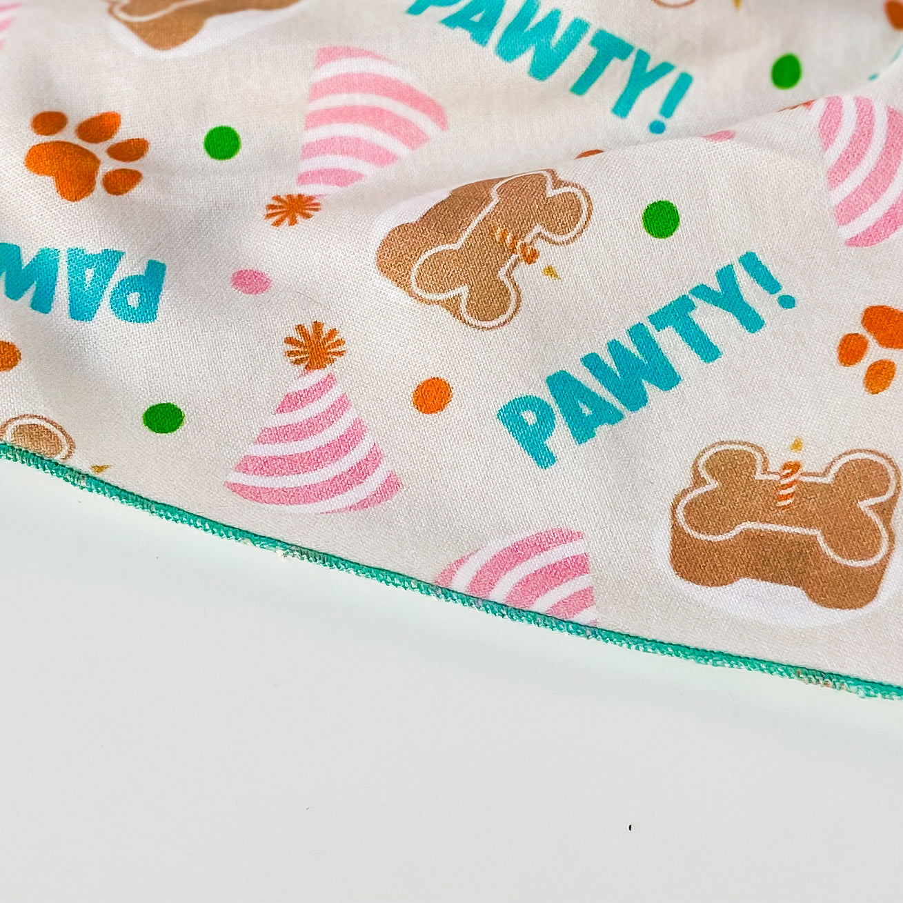 Pawty! Dog birthday bandana with cakes and hats gender neutral
