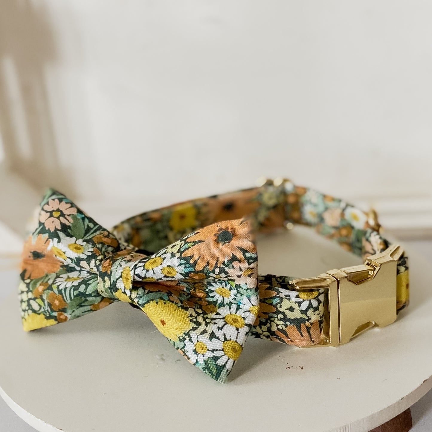 Wild Daisies sage and peach fuzz spring dog collar gold buckle