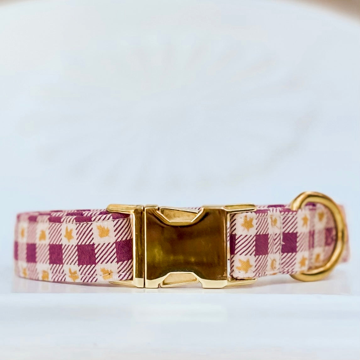 Fall dog collar maroon maple leaves plaid check