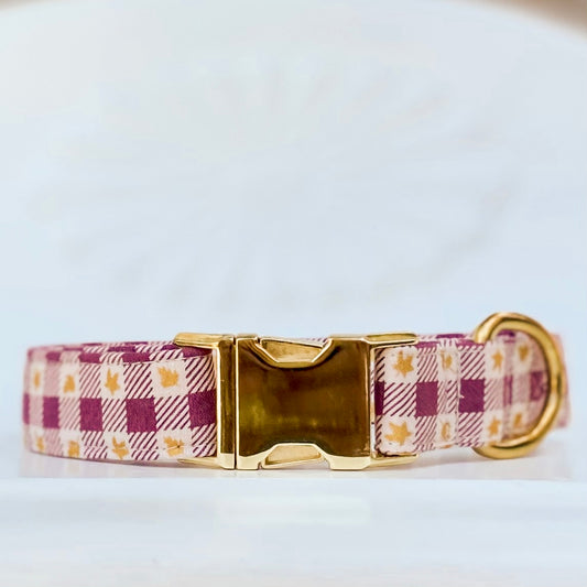 Fall dog collar maroon maple leaves plaid check