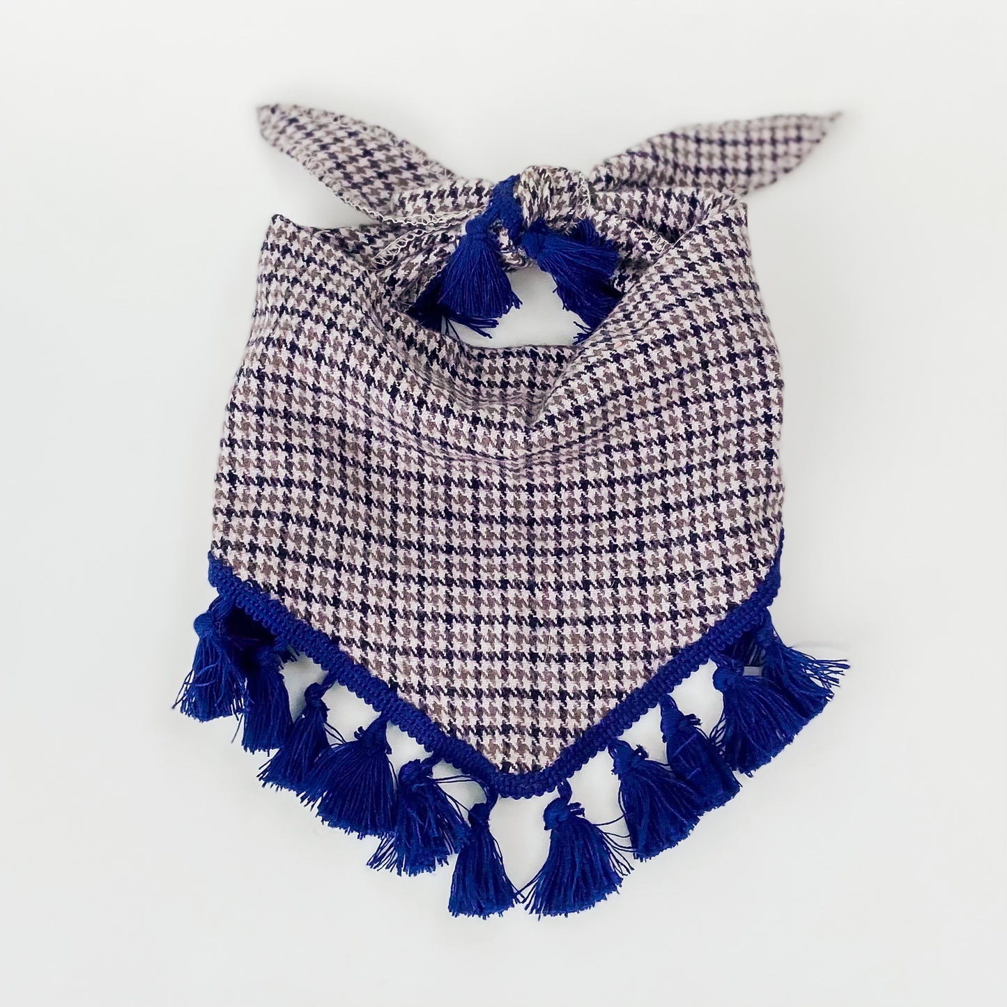 Gray flannel check and blue tassels dog bandana