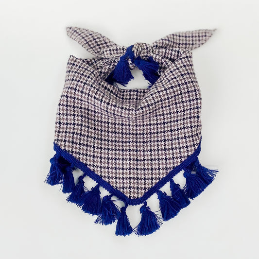 Gray flannel check and blue tassels dog bandana