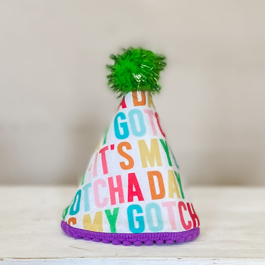 Bright rainbow Gotcha day Pawty hat dog birthday hat