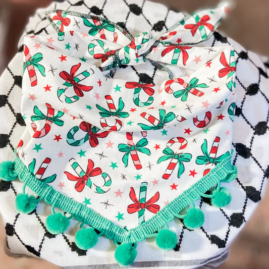 Candy Cane Cutie Christmas dog bandana pom-pom trim pet accessory