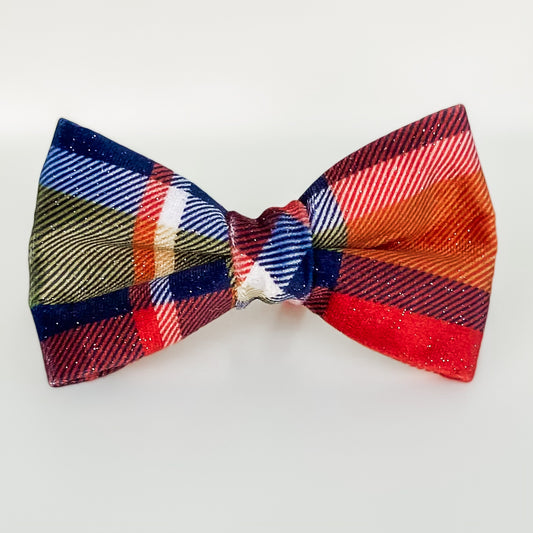 Velvet plaid blue and orange fall dog bow tie