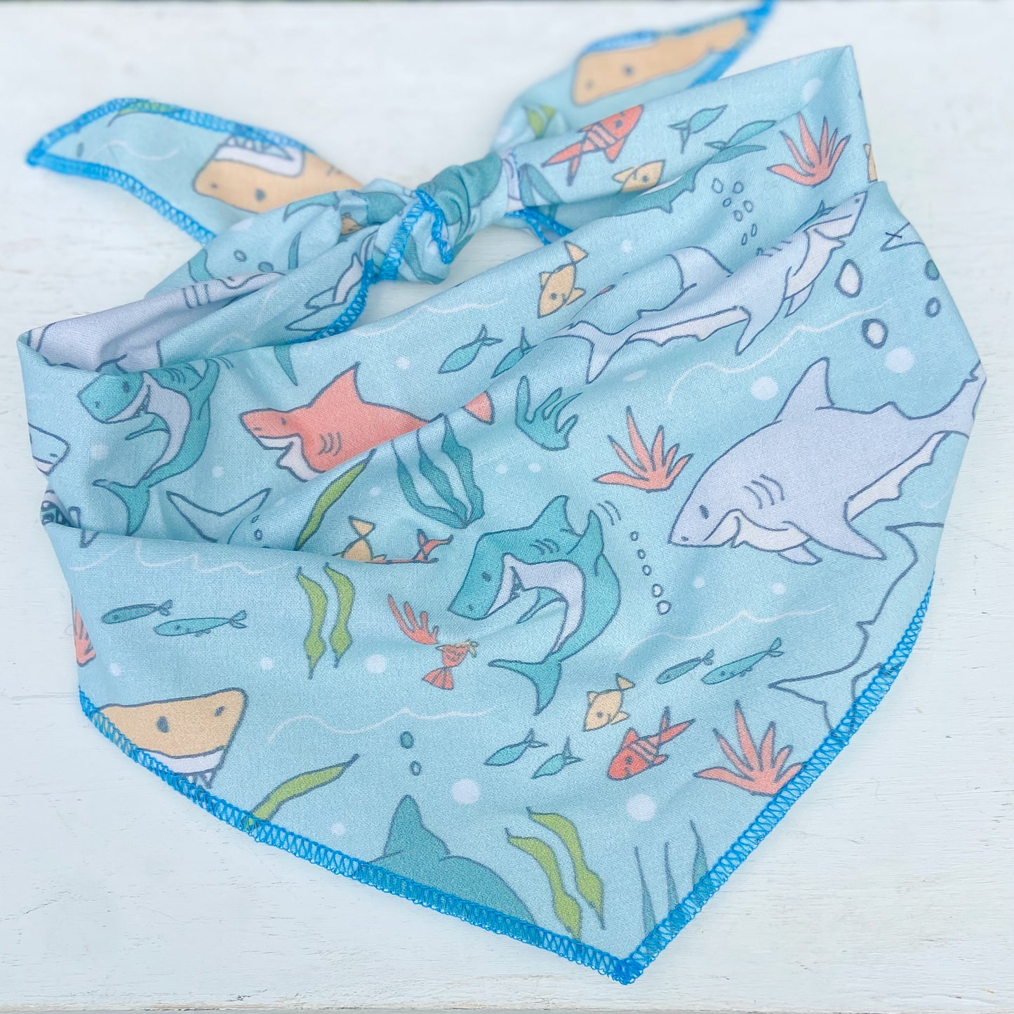 Sharks summer dog bandana peach and blue