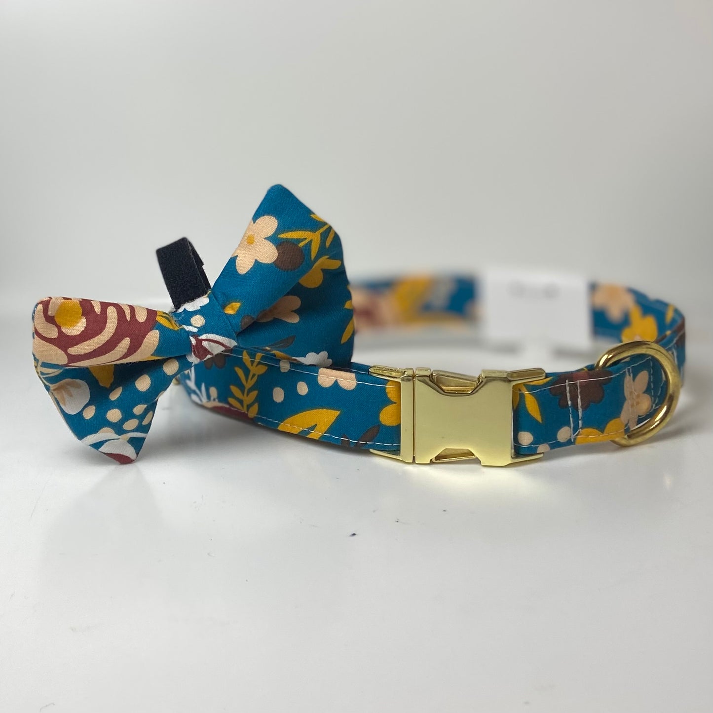 Teal floral dog bow and collar with gold hardware