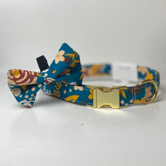 Teal floral dog bow and collar with gold hardware