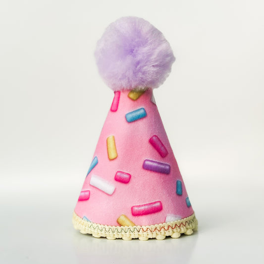 Sprinkles dog party hat with pink frosting dog birthday accessory