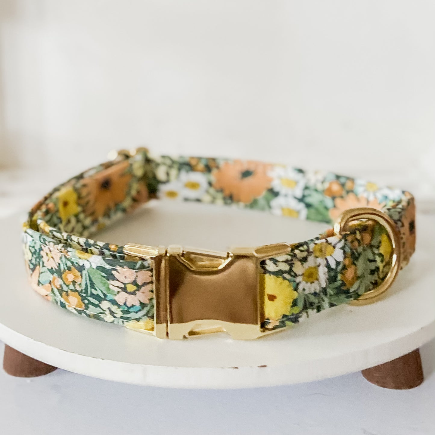 Wild Daisies sage and peach fuzz spring dog collar gold buckle