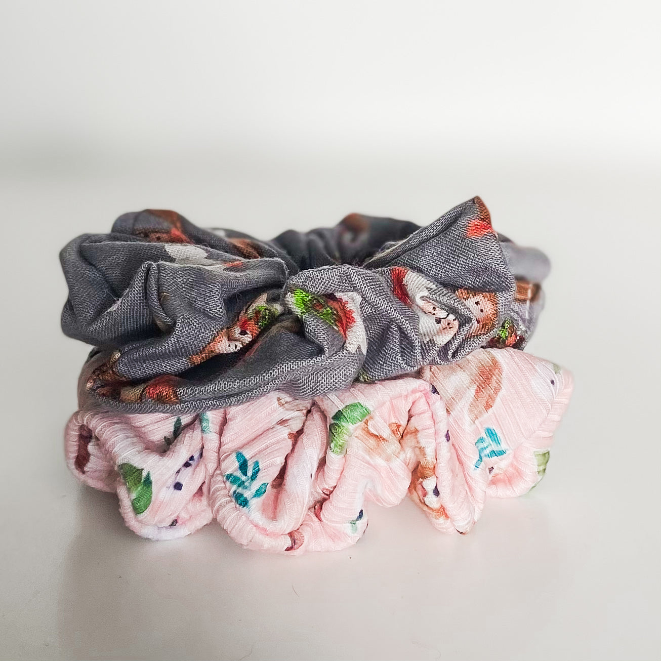 Set of 2 dog themed scrunchies- spring floral and christmas hats