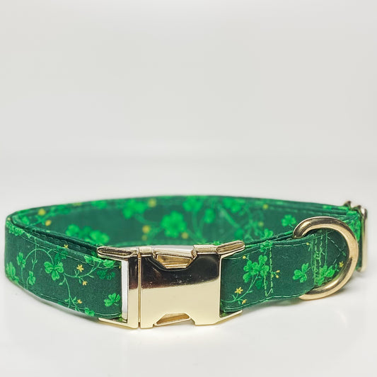 St. Patrick’s Day dog collar with clovers and dark green background
