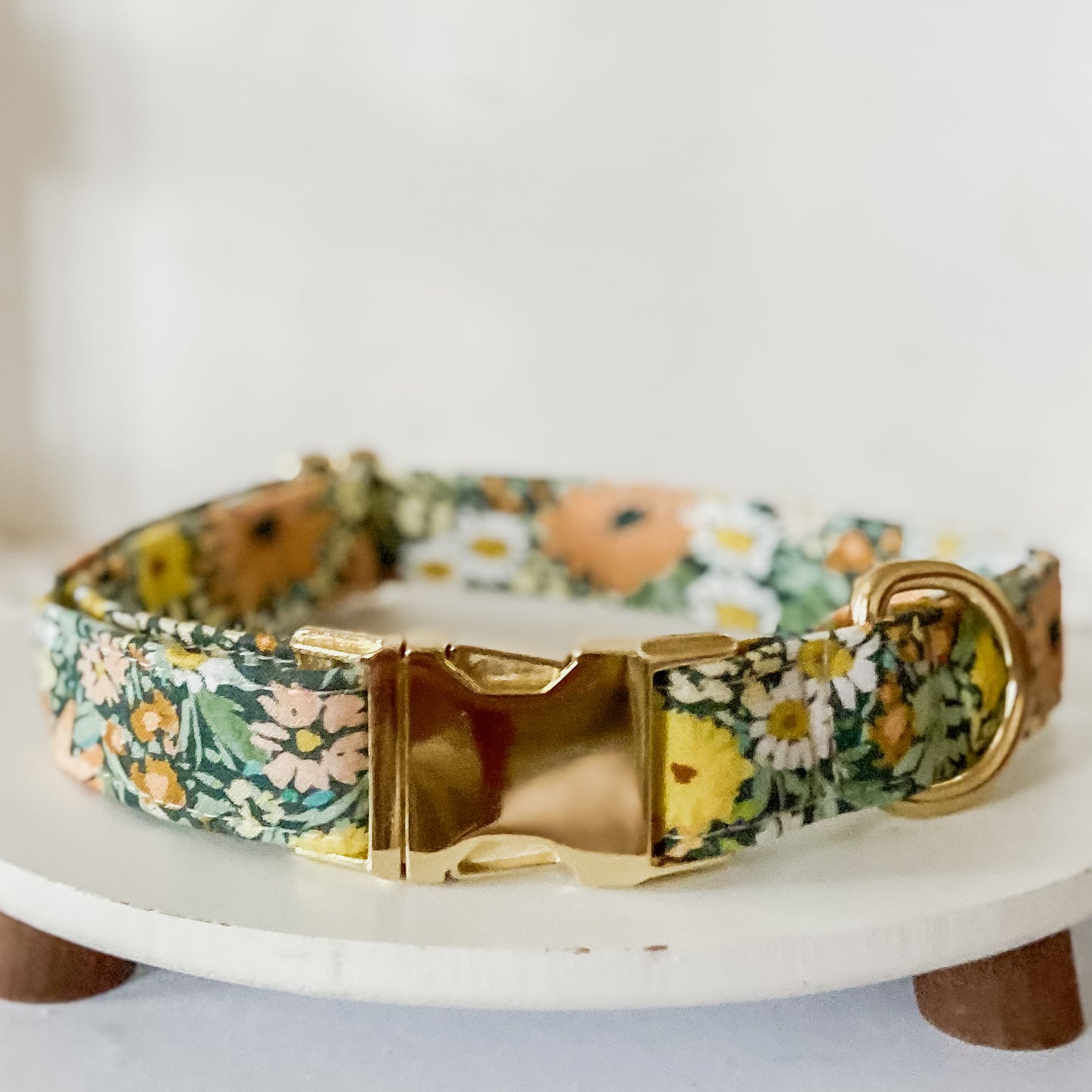 Wild Daisies sage and peach fuzz spring dog collar gold buckle