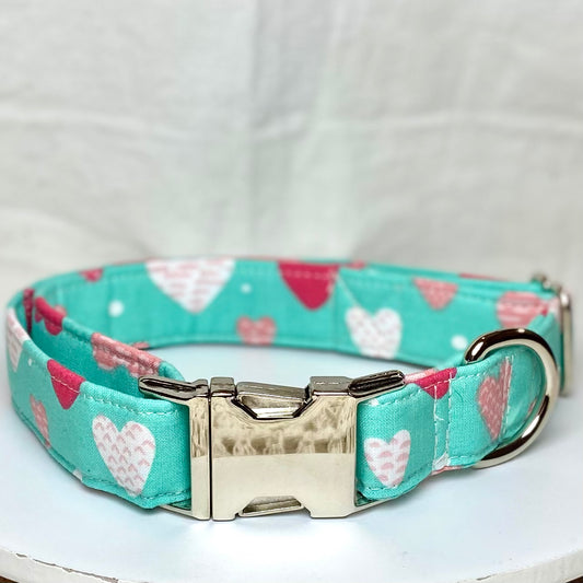 Teal hearts modern Valentine dog collar with silver metal buckle