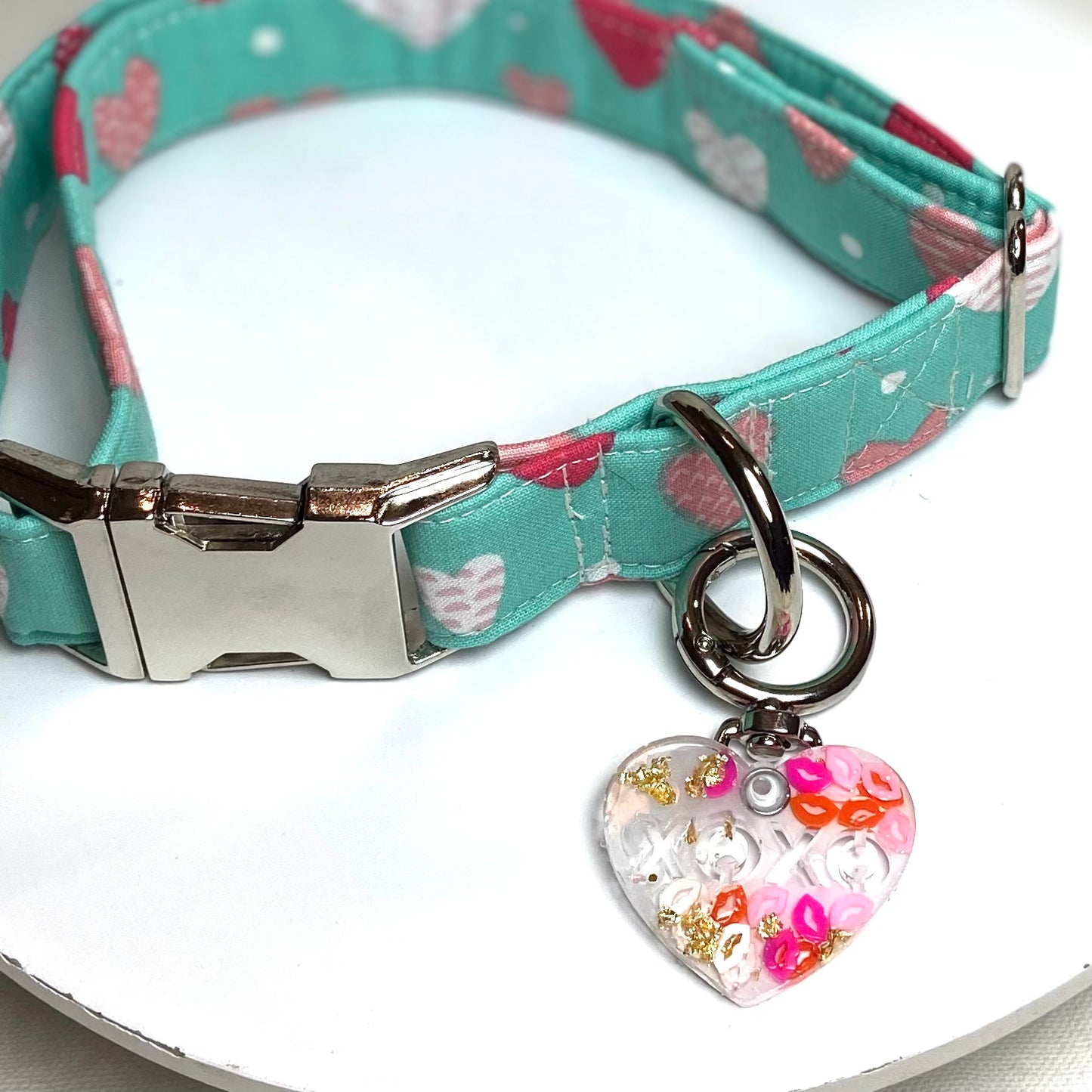 Teal hearts modern Valentine dog collar with silver metal buckle