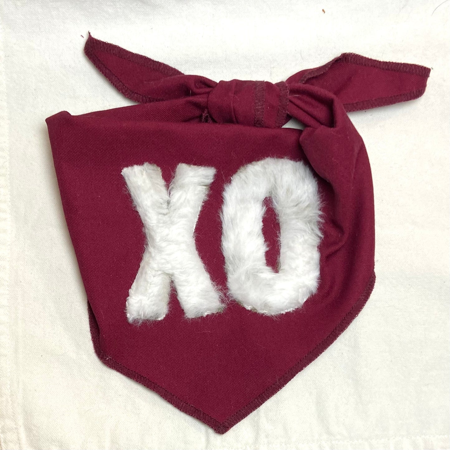 XO fuzzy burgundy and white dog valentine bandana pet accessory