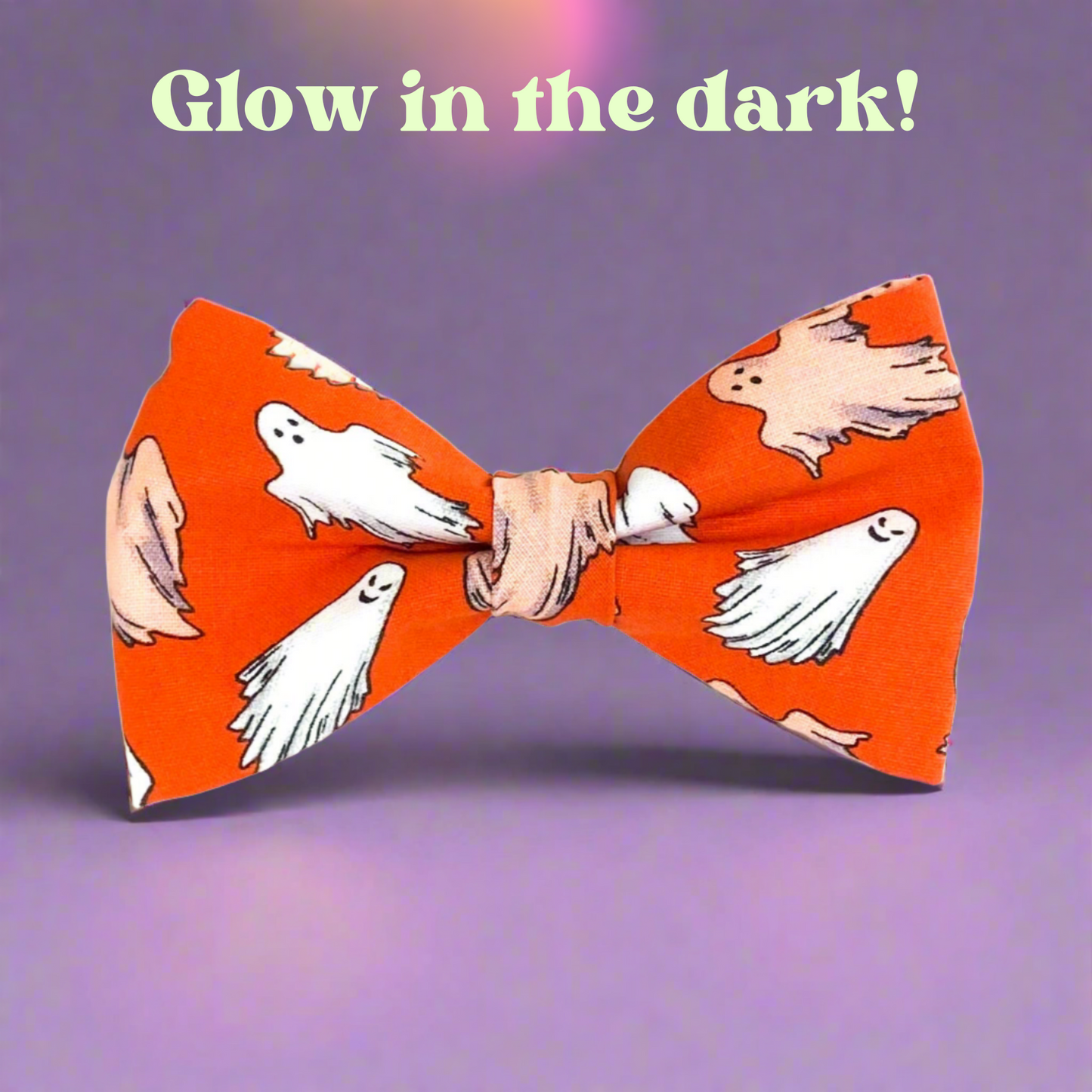 hey, Boo Halloween ghost orange glow in the dark dog bow