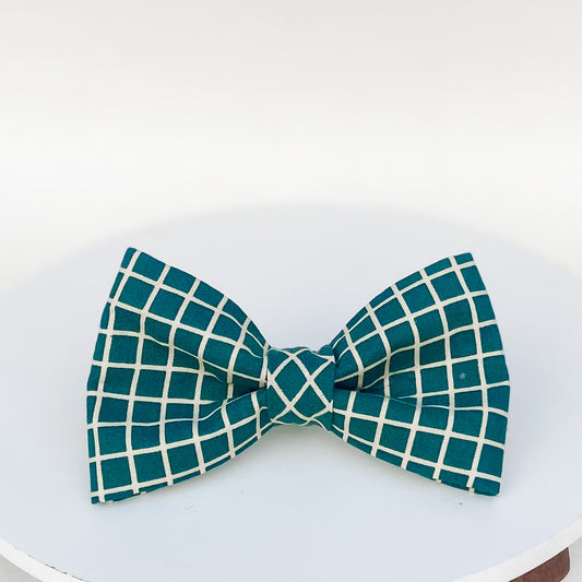 Windowpane plaid green dog bow tie