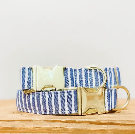 Striped denim dog collar with gold buckle