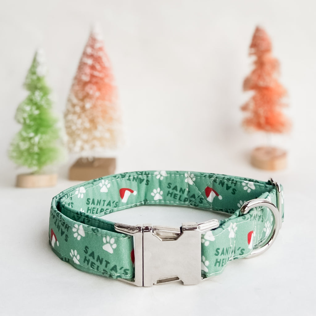 Santa's Helper green dog collar with silver metal buckle