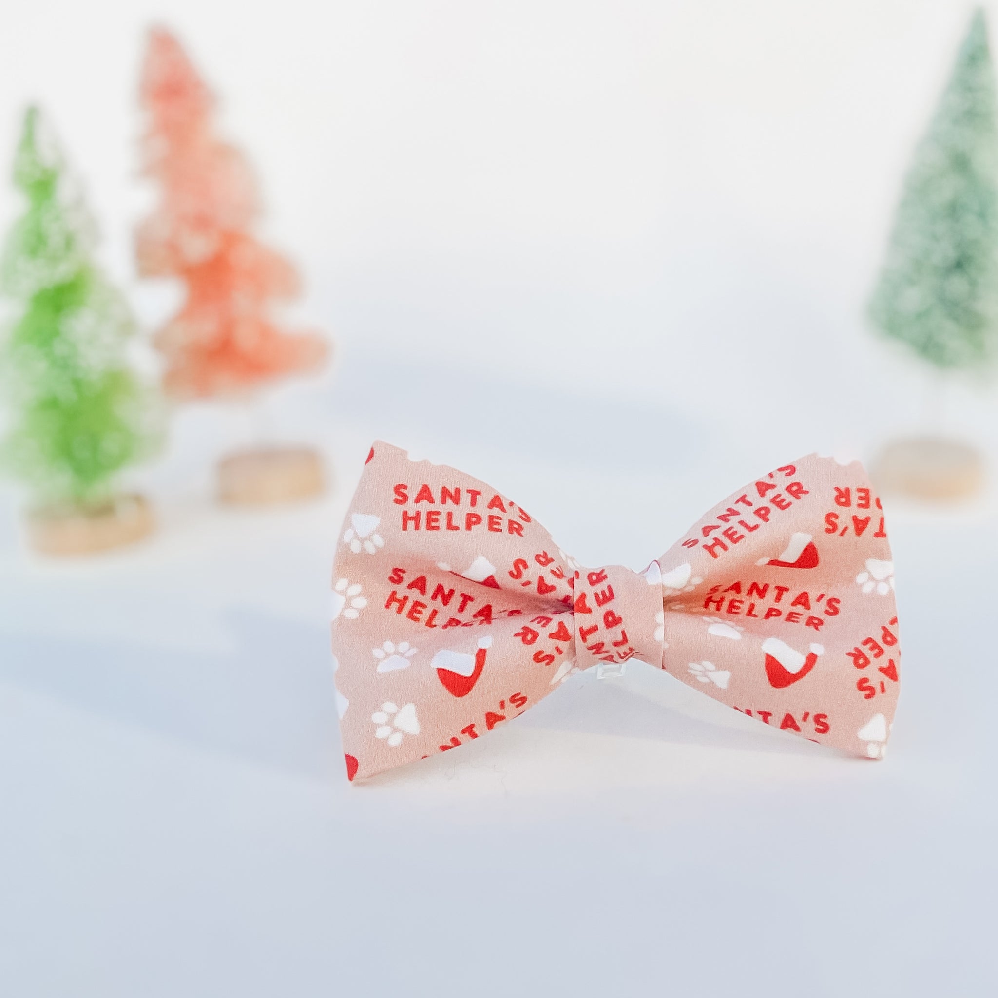 Santa’s Helper pink Christmas dog bow tie pet accessory
