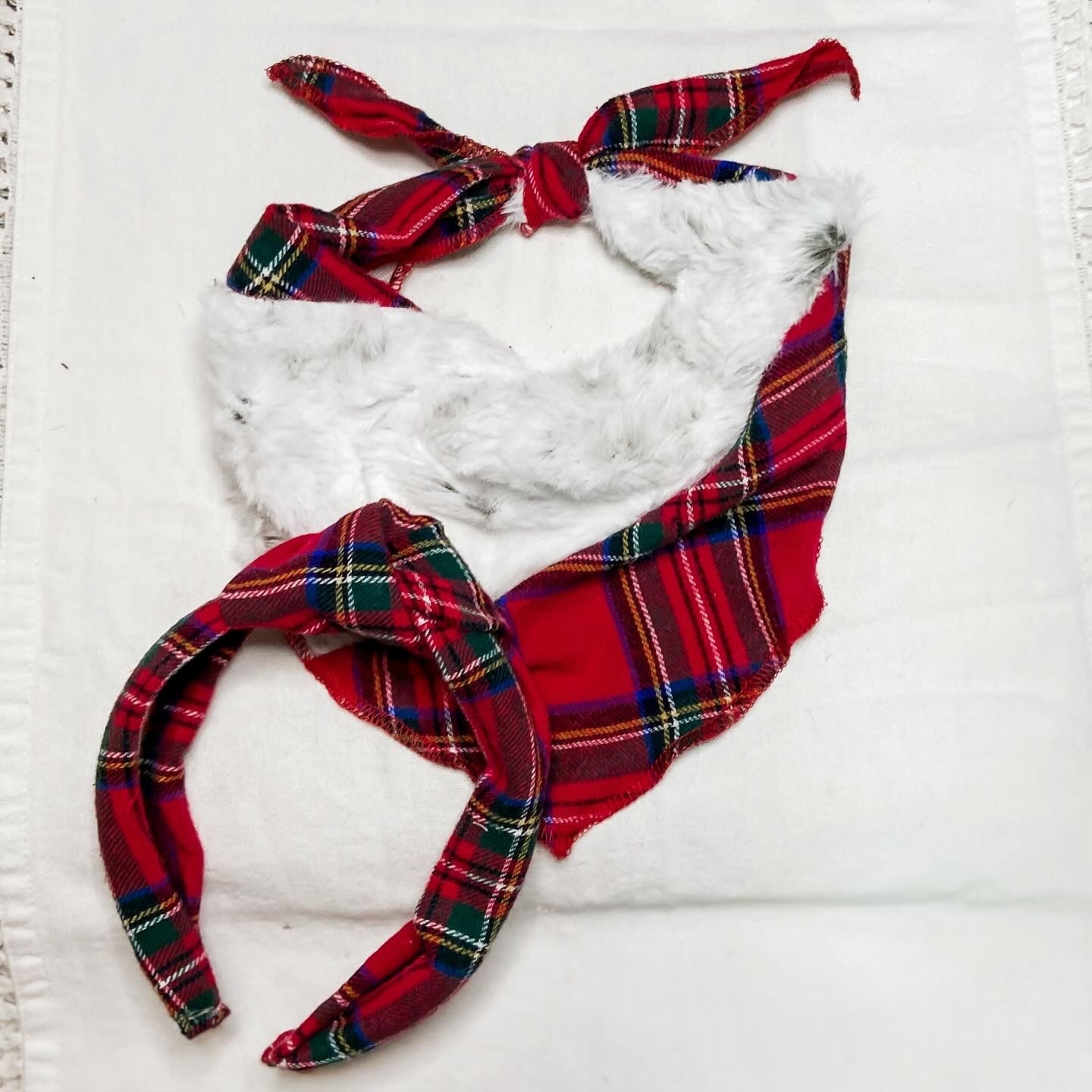 Santa paws Christmas winter red tartan faux fur dog bandana