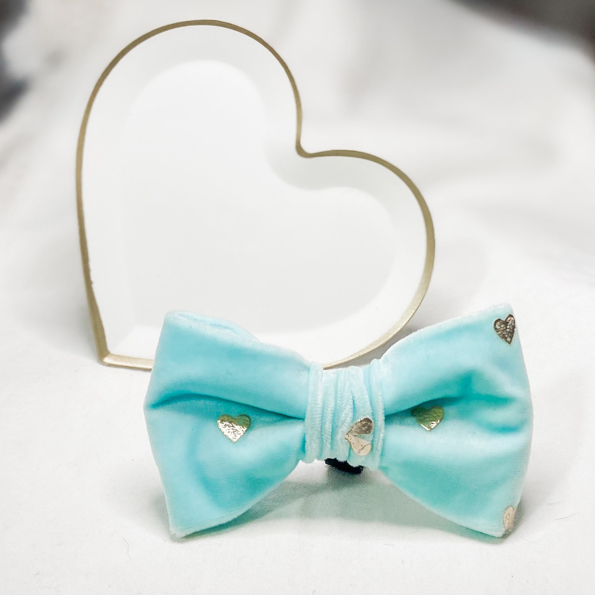 Gold hearts on blue velvet valentine’s dog bow tie pet accessory