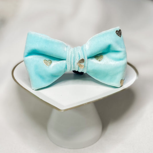 Gold hearts on blue velvet valentine’s dog bow tie pet accessory