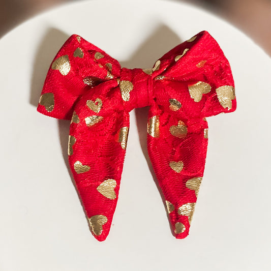 Cupid’s bow red lace and gold hearts valentine sailor dog bow