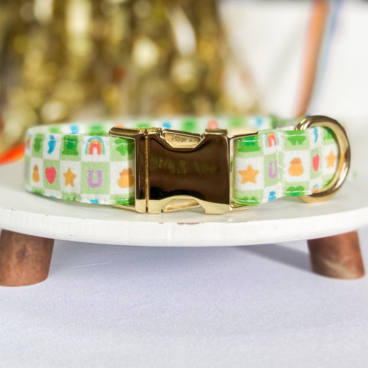 Luckiest charm checkerboard dog collar marshmallows St Patricks day