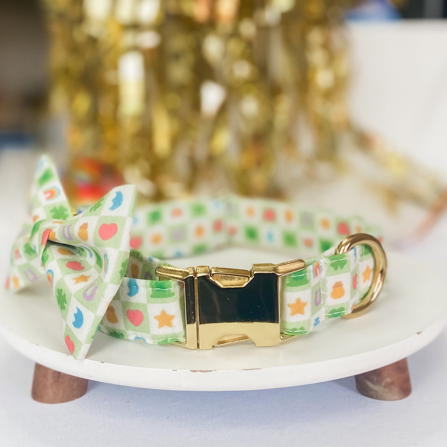 Luckiest charm checkerboard dog collar marshmallows St Patricks day