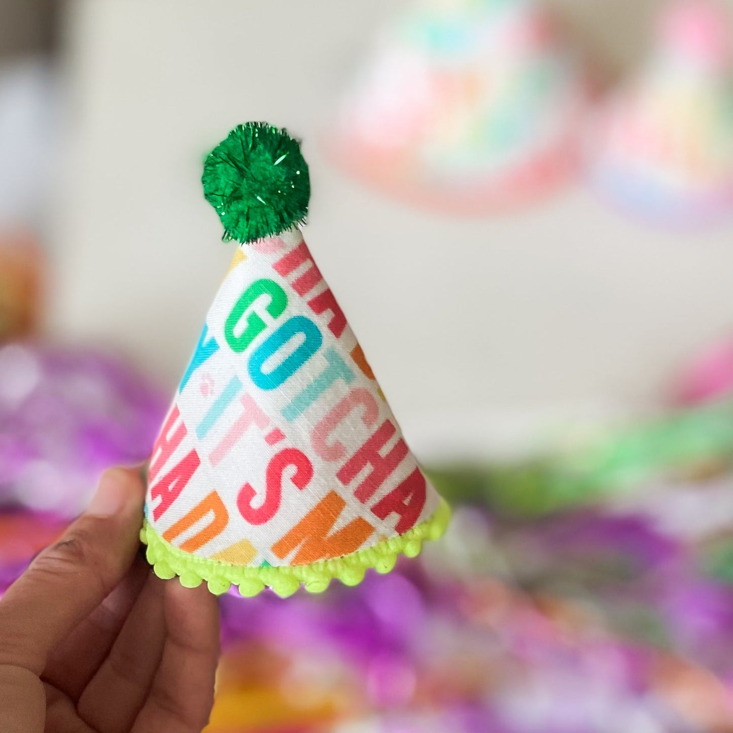 Bright rainbow Gotcha day Pawty hat dog birthday hat