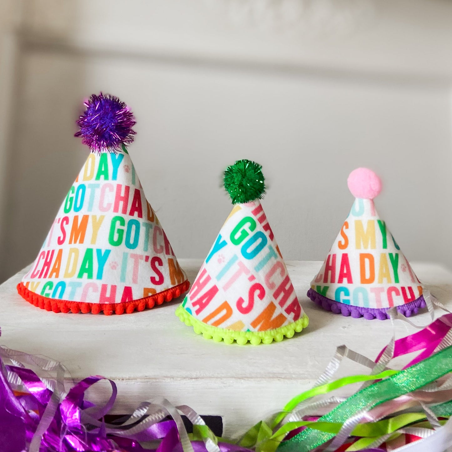 Bright rainbow Gotcha day Pawty hat dog birthday hat