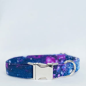 Galaxy with sparkle outer space dog collar with silver hardware
