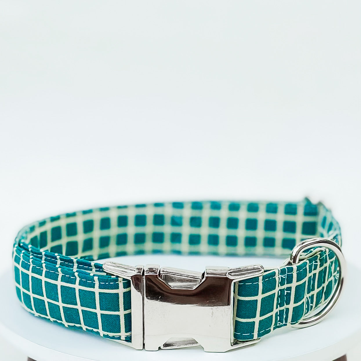 Windowpane plaid green dog collar with silver hardware