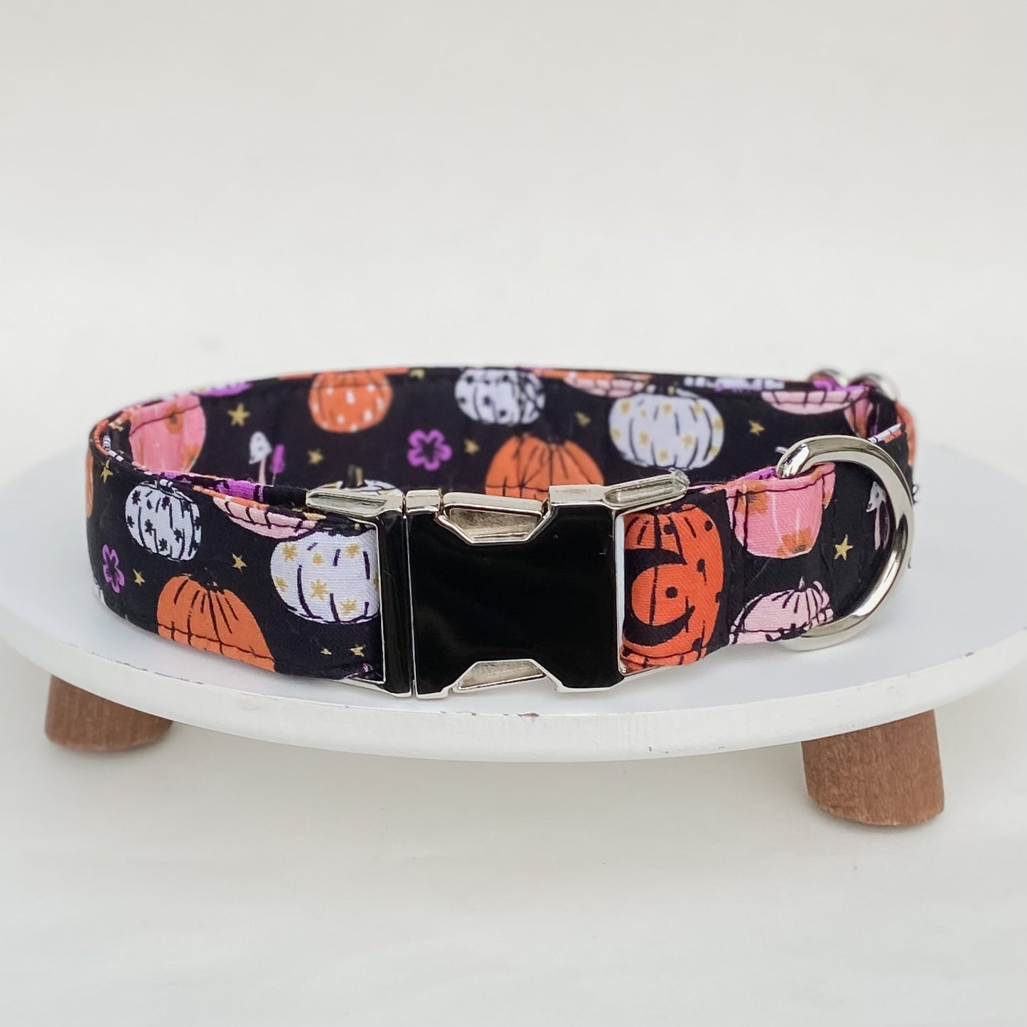 Witchy pumpkins Halloween dog collar with metal hardware