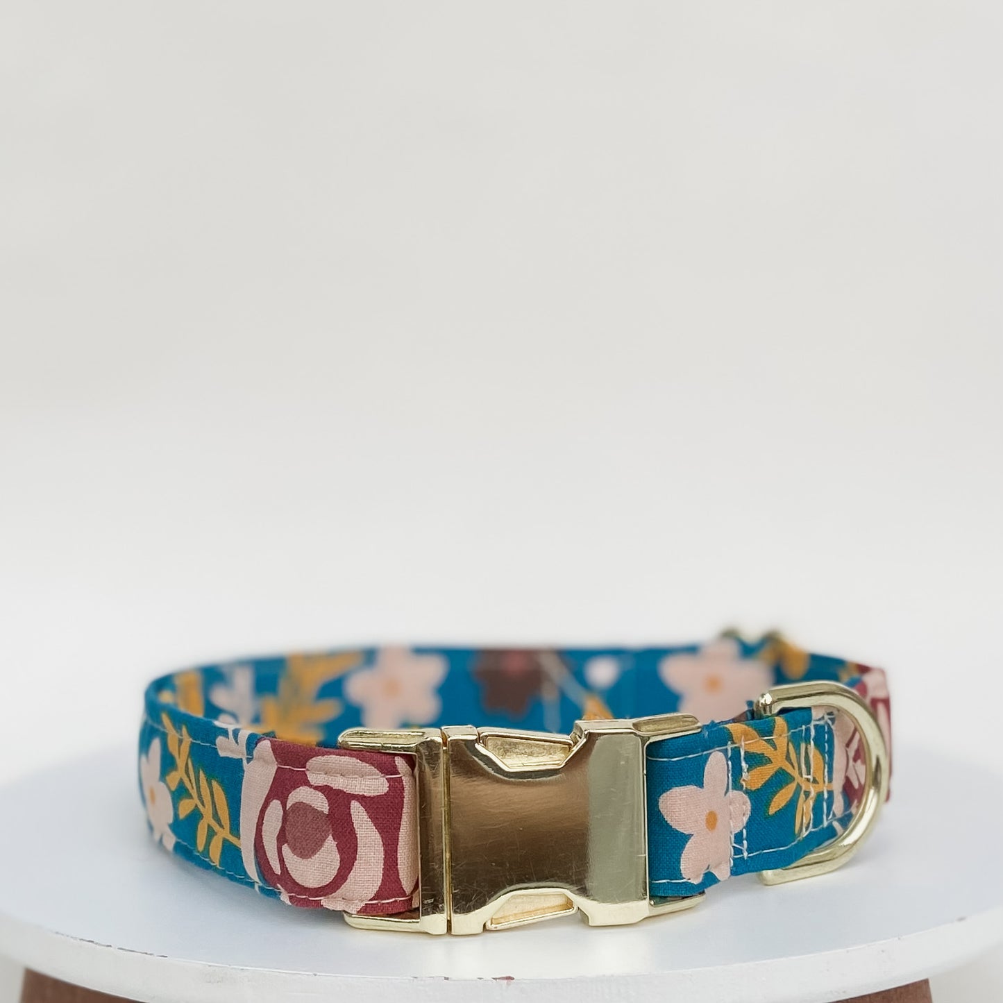 Teal floral dog collar with gold hardware
