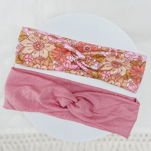Retro mauves floral and solid set stretch twisted headband adult one size