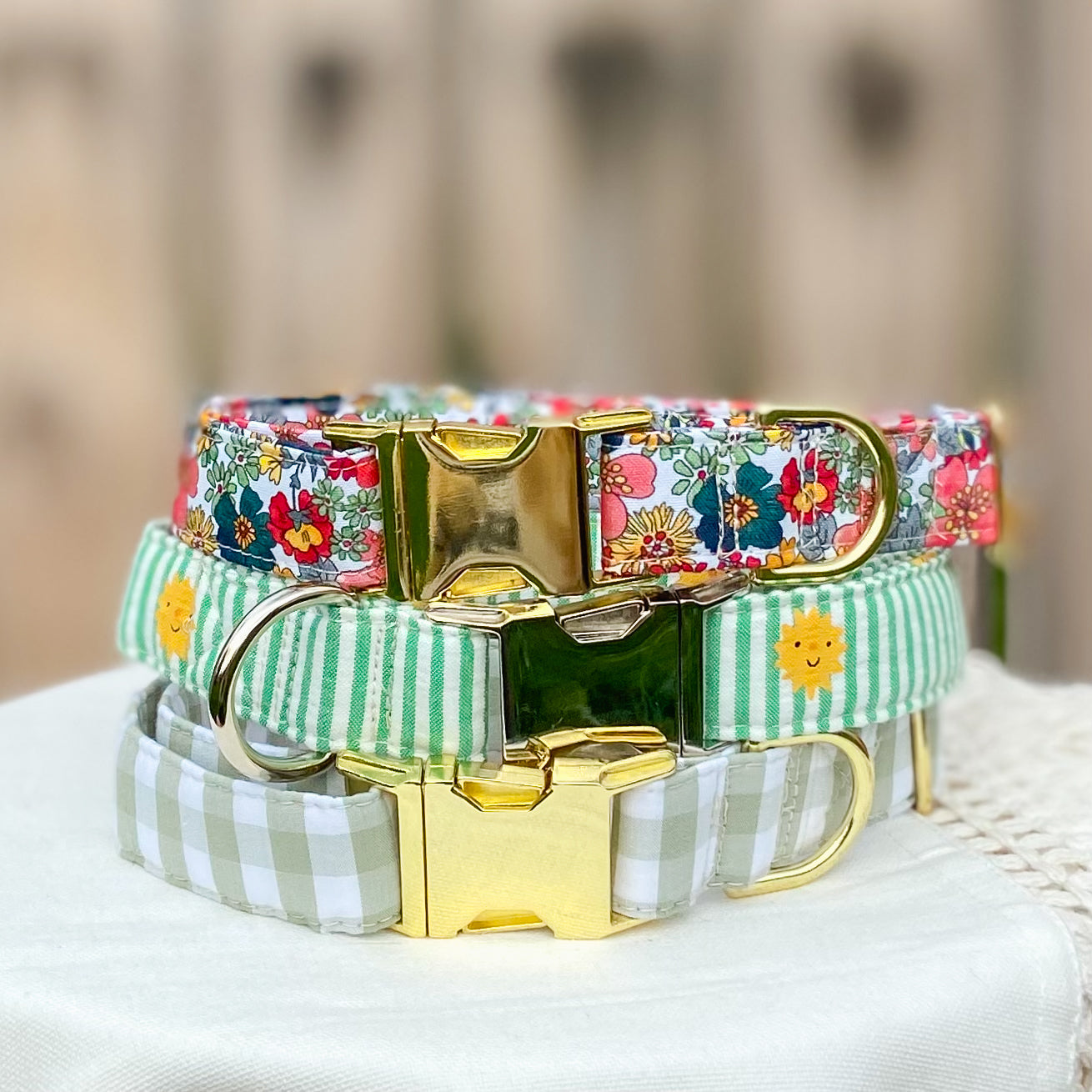 Sage plaid dog collar with gold hardware