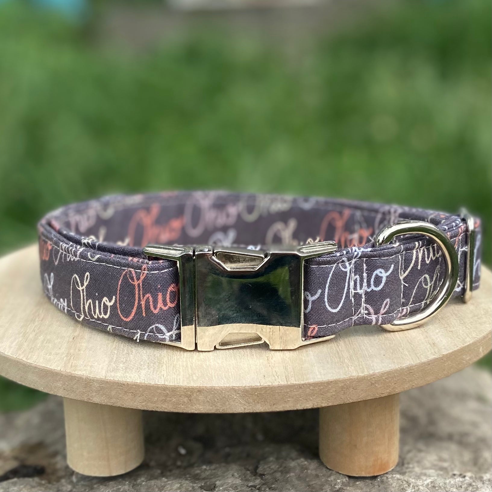 Vintage Ohio script dog collar with silver hardware