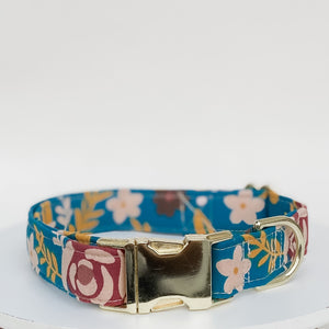 Teal floral dog collar with gold hardware