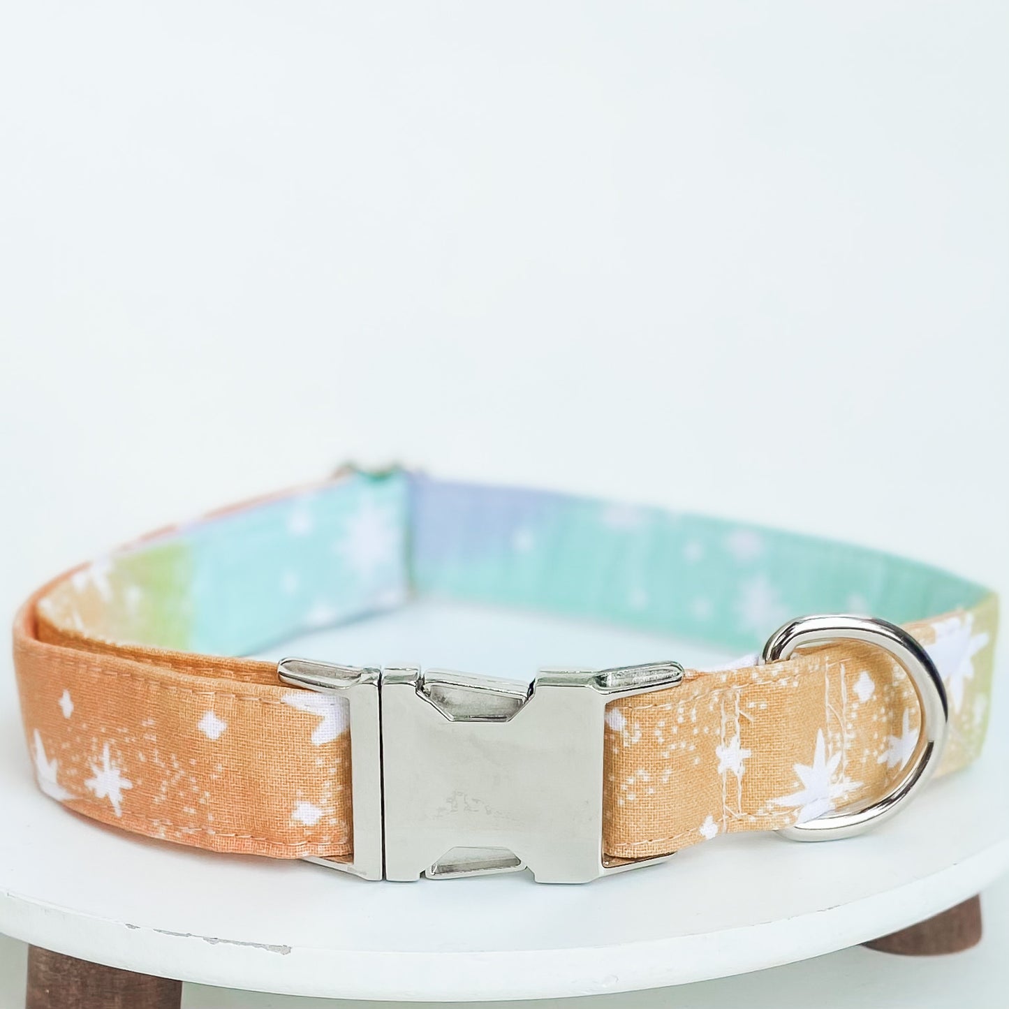 Retro pastel galaxy dog collar with silver hardware