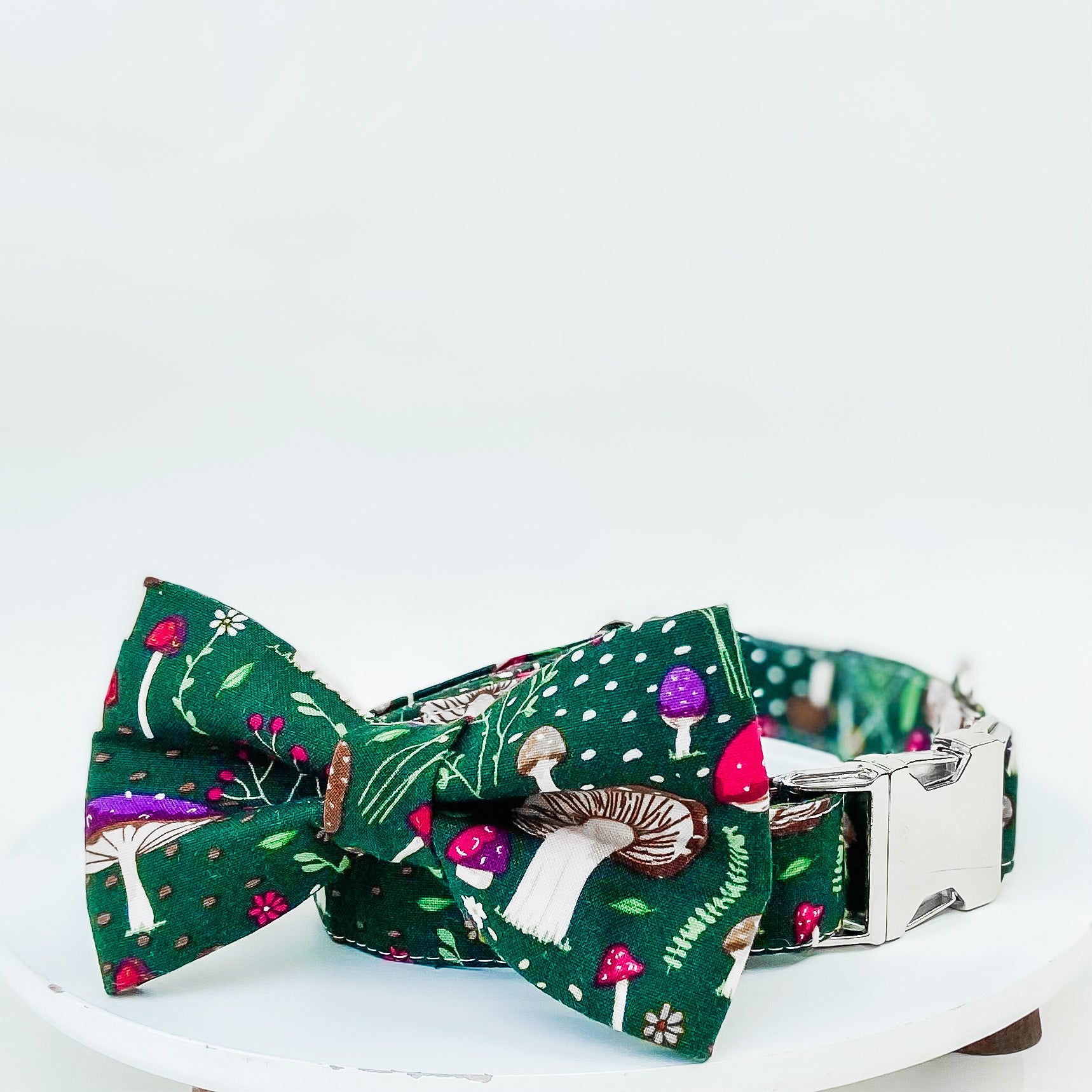 Foraging mushroom forest green fall dog collar with silver hardware