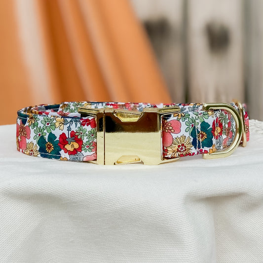 Vintage inspired floral dog collar with gold hardware